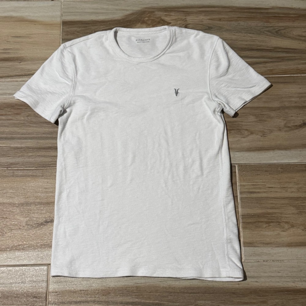 AllSaints Tonic Crew T-Shirt White Organic Cotton Ramskull Logo Mens Small